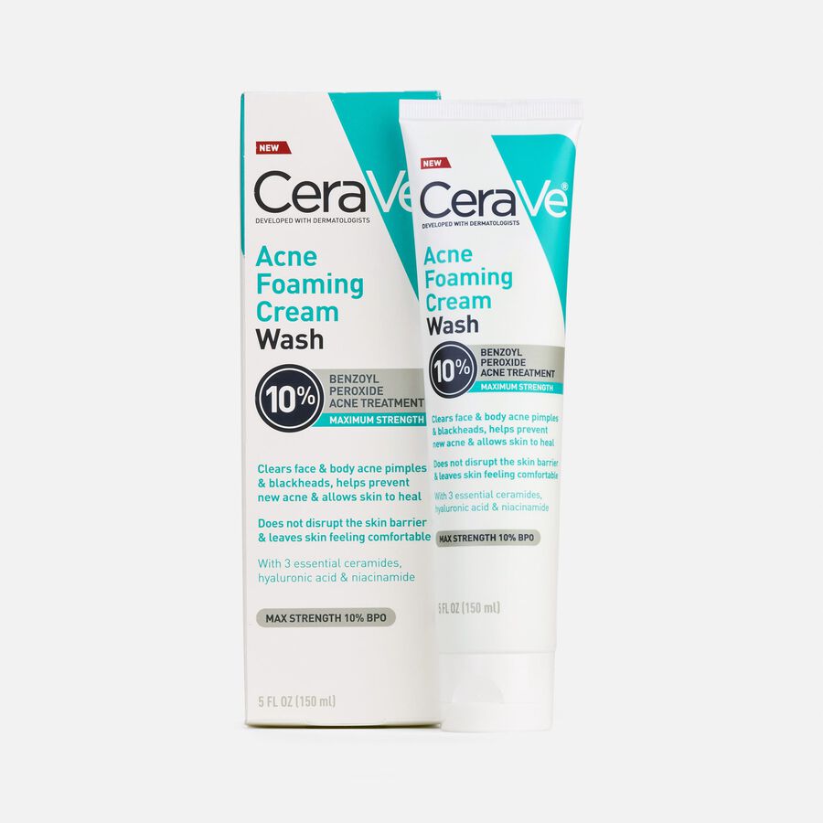 CeraVe Acne Foaming Cream Face & Body Wash with Benzoyl Peroxide 10% Maximum Strength, 5 fl oz., , large image number 0