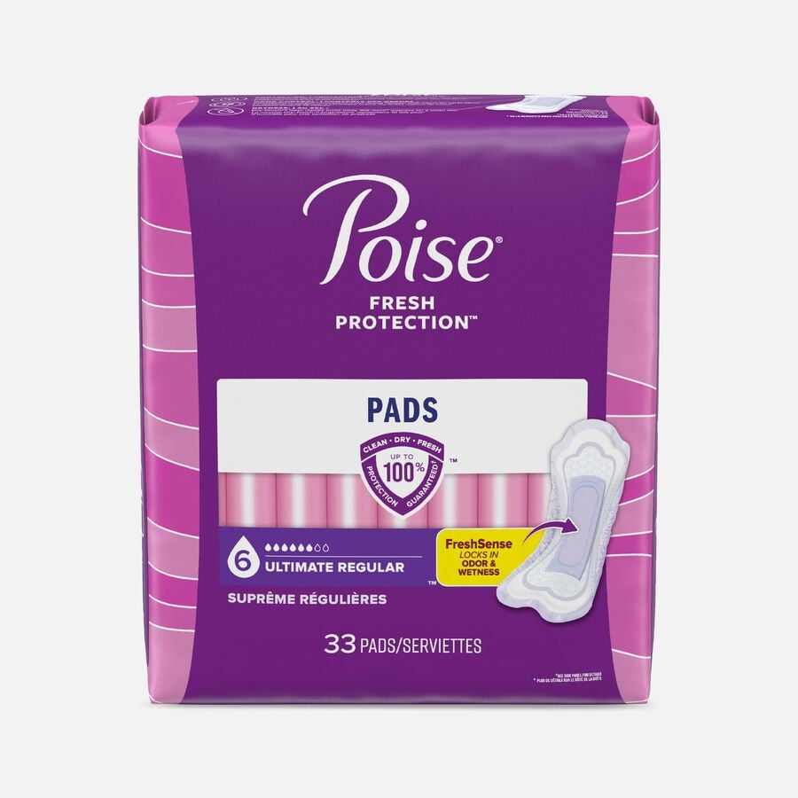 Poise Incontinence & Postpartum Pads for Bladder Leaks, 6 Drop Ultimate Absorbency, Regular Length, 33 ct., , large image number 0