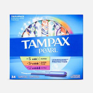 Tampax Pearl Tampons Trio Pack, Super/Super Plus/Ultra Absorbency with BPA-Free Plastic Applicator and LeakGuard Braid, Unscented, 34 ct.