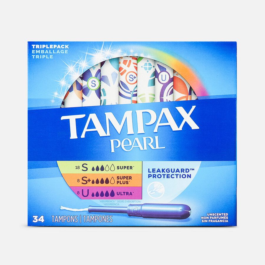 Tampax Pearl Tampons Trio Pack, Super/Super Plus/Ultra Absorbency with BPA-Free Plastic Applicator and LeakGuard Braid, Unscented, 34 ct., , large image number 0