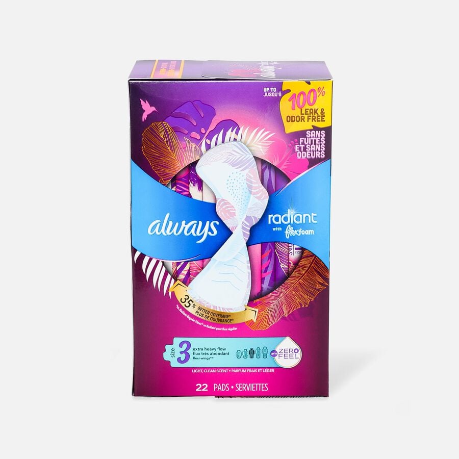 Always Radiant FlexFoam Pads for Women Size 3, Extra Heavy Flow Absorbency, with Wings, Scented, 22 ct., , large image number 0