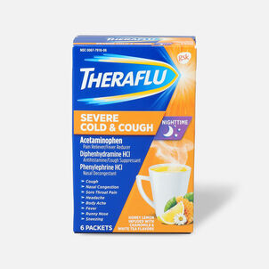 Theraflu Night Time Severe Cold & Cough Powder, Honey Lemon Infused with White Tea and Chamomile, 6 ct.